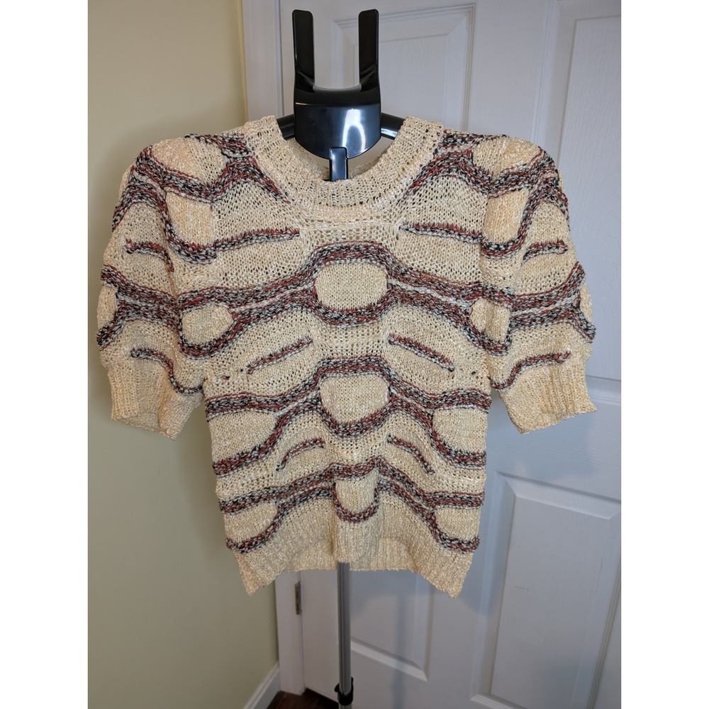 Ulla Johnson Alba Puff Sleeve Knit Top Cream Wavy Stripe Sedona - Size M